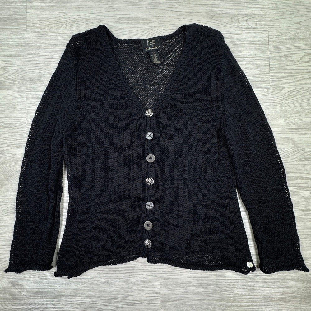 Pure Handknit Women's Cardigan Sweater Black S/M Linen Cotton Open Knit V-Neck